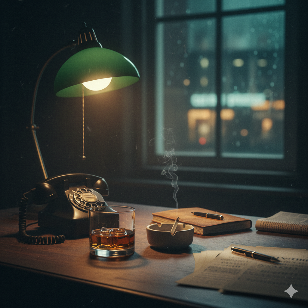 An investigator's desk at night.